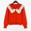 Swetery kobiet 2023 Spring Red Sweter Kobiety Zachorzy Ruffles koronkowy kołnierz Śliczny czarny pullover dzianinowy topy Sueter Mujer