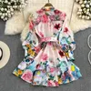 فساتين غير رسمية 2024 Fashion Spring Runway Mini Dress Women's Stand Ruffles Lantern Sleeve Single Single Reasted Floral Holiday 6573