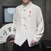 Mäns casual skjortor herr kinesisk stil broderad cheongsam knapp bomullslinne skjorta könslös traditionell fast färg lång ärm unisex