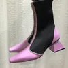 Botas elegantes cristal estiramento tecido meia lavanda dedo do pé quadrado deslizamento em botas de tornozelo retalhos grossos saltos médios 5 cm sapatos