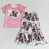 Clothing Sets Wholesale Children Kids Outfit Baby Girl Short Sleeves Cow Shirt Western Print Bell Bottom Pants Toddler Infant Set