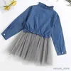 Girl's Dresses Girls' Dress Spring and Autumn Europe and The United States Fashion Long-sleeved Denim Skirt Corset Princess Gauze Dress