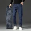 Jeans da uomo 2024 inverno caldo slim ispessito in pile elasticizzato lana dritta nero blu pantaloni moda casual business 231218