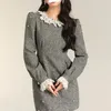 Casual Kleider 2023 Herbst/Winter Spitze Oansatz Perlen A-Line Kleid Langarm Elegante Frauen Grau Wolle Mini Marke mode Koreanische