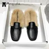 Real Rabbit Fur Slippers Women Sqaure Cover Toe Mules Low Flats Heels Slides Shoes Furry Pantufa Fluffy Hair Flipflops Ladies 231219