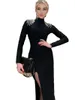 Casual Dresses Ahagaga Fashion Style Noble Dignified Rhinestone Tassel Open Back Formal Dress Long Sleeve Slim Fit