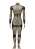 Stage Wear Sexy Sparkly Gold AB Strass Spandex Stretch Combinaison Soirée Anniversaire Célébrer Body Costume Costume Modèle Danseur Leggings