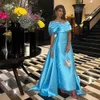 Elegante azul noite pageant vestido 2024 com cauda fora do ombro pregas cetim baile de formatura vestidos formais árabe vestidos de festa robe de soiree