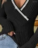 Blusas femininas camisola para mulher 2023 com decote em v manga longa topo frisado sobreposição com nervuras cruz bodycon listrado mulher blusa