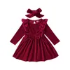Outono inverno natal menina bebê renda vestido vermelho de manga comprida de veludo