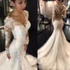 TrumpetMermaid V-neck Long Sleeves Lace Court Train Tulle Applique Lace Wedding Dresses Illusion Back Back Bridal Dress with Pick Up Skirt