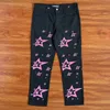 Sp5der All Over 5 Star Giacca e pantaloni in denim nero con stampa di rose Giacche slim con toppe dipinte Cappotti capispalla Set di pantaloni sportivi in denim Felpe con zip intera Tuta