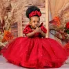 Robes de fille magnifique fleur rouge filles princesse dentelle perlée enfants première communion robe de baptême enfant en bas âge