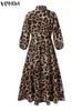 Basic Casual Jurken VONDA 2023 Bohemian Dames Maxi-jurk Retro Luipaard Gedrukt Oversize Party Zonnejurk Lantaarnmouwen Chique Lange Gewaad Femme 231219