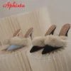 Afexta Soft Real Rabbit Fur Flush Toe Women Slippers 6 cm/8 cm Tacos delgados zapatos Tobas de cabello de tacón plano 231219