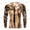 T-shirt da uomo 2022 Camicia lunga da uomo 3D Muscle Top Nude Tattoo Stampato Muscolo del torace Divertente Fitness T Lunga Primavera Estate O-Collo Stretto 5XL T231219