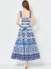 JAMERARY Zomer Runway Blauw en Wit Porselein Tweedelige Set Dames Bloemenprint Korte Crop Top Vakantie Strand Maxi Rok Past