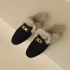 Schapen suède winter konijn haar muilezels schoenen voor vrouwen rond lage dikke hiel deksel teen slippers