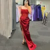 Röd sjöjungfru kvällstävlingsklänning 2024 SLIT STRIPLESS PASKINS LACE SATIN Prom Party Formella klänningar Vestidos de Feast Robe de Soiree