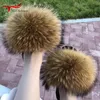 Slippers Real Raccoon Fur Slippers For Women Summer Fluffy Indoor House Fuzzy Flat Slides Outdoor Fashion Beach Sandals Flip Flops 231219
