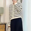 Women's Sweaters White Black Striped Short Korean Fashion Sweater Elegant Long Sleeve Top Spring