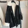 Women's Jackets Nerazzurri Winter Oversized Leather Jacket Women with Faux Rex Rabbit Fur Inside Warm Soft Thickened Fur Lined Coat Long Sleeve J231219