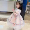 Robes de fille Vêtements pour enfants Nouvelles filles d'été à manches courtes Robe avec nœud Enfants Robes de princesse Lolita Robe de bal bouffante en maille pour bébé