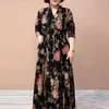 Abiti casual Abito da donna vintage stampato peonia stampato elegante scollo a V primavera autunno manica lunga abito a trapezio