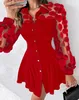 Casual Dresses Women's Dress Spring Floral Pattern Sheer Mesh Patch Turn-Down Collar Buttoned Shirt A Line Mini Long Sleeped