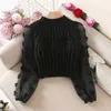 Kvinnors tröjor Super Fairy Bubble Sleeve Mesh Stitching Crew Neck Tight Slim Short Women's Fashion Sweater T-Shirtl231213