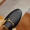 Slippers Rabbit Hair Cowhide Slippers 33-43 Metal Buckle Autumn Muller Shoes Golden Velvet Retro Slippers Fashion Outwear Slippers 231219