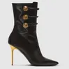 TOP VINTER Luxury Bal Alma Roni Ankle Boots Metal Stiletto Heels Black Calf Leather Pointed Toe Gold Buttons Booties Lady Party Dress Elegant Walking EU35-43