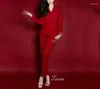 Kvinnors tvåbitar byxor Tesco Red Set Solid Blazer och byxor Double Breasted Jacket 2 Temperament Pantsuit Female Luxury Casual Suit