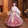 Flickans klänningar Nya Hanfu Girls Spring and Autumn Children's Costume Dress 3-12 år Girl Cherry Blossom Princess Dress Chinese Style Child Child