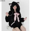 Kvinnors hoodies tröjor Autumn Winter harajuku y2k tjocka kvinnor kawaii bow katt öron huva päls flickor gotiska casual lösa söta kläder 231218