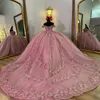 ピンクの光沢のあるQuinceanReaドレス2024恋人XVアップリックレースビーズクリスタルスウィート16プリンセスVestido de 15 Quinceanera