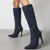 Botlar Süet Kadın Diz Yüksek Botlar Seksi Sinlu Toe Yüksek Topuk Parti Ayakkabıları Bayan Ayakkabı Mavi Gri Kış Uzun Boot 231219