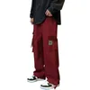 Men's Pants Wine Red Overalls Summer Hip-Hop American Fashion Casual Loose Straight Leg