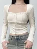 Kvinnors T-skjortor Kvinnor Y2K LACE Trim Crop Tops Square Neck Long Sleeve Top Tie-up Slim Fit T-shirt Corset Fairy Aesthetic Clothes