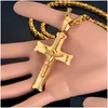 Pendant Necklaces 14K Yellow Gold Big Jesus Cross Pendant With Long Chain Mens Color Crucifix Necklaces Male Relius Jewelry Drop Deliv Dhe7Y