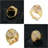 Bandringar Hip Hop Iced Out Big Jesus Ring Male Golden Color 14K Yellow Gold Christian Cross Rings for Men Relius smycken Drop Deliver Dh8qc