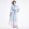 Designer Elegant Print Fit Vacation Dress Robe Woman Mock Neck Slim Lace Up Bow Ruched Party Boho Maxi Dresses 2024 Spring Fall Chic Runway Long Sleeve Floral Ballgown