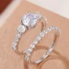 Cluster Rings Trendy Double Stackable Set For Women Silver Color 2Pcs Finger Accessories Wedding Engagement Jewelry Anillo