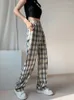 Damenhosen Vintage Plaid Breites Bein Frauen Frühling Sommer Koreanische Mode Hohe Taille Gerade Hose Weibliche beiläufige lose Streetwear