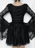 Women's T Shirts 2024 Dark Gothic Lace Corset T-shirt Women Vintage Elegant Cyber Punk Streetwear Sexy See Through Flare Sleeve Crop Tee