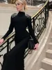 Casual Dresses Ahagaga Fashion Style Noble Dignified Rhinestone Tassel Open Back Formal Dress Long Sleeve Slim Fit