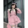 Vestidos casuais inverno elegante doce princesa vestido mulheres boneca colar colisão emenda casaco curto fofo terno rosa moda coreana