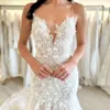 Stunningbride 2024 White Sexy Spaghetti Straps Back Zipper Mermaid Wedding Dress Gorgeous Appliques Lace Sleeveless Trumpet Bridal Gown