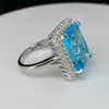 Cluster Rings HOYON S925 Silver Color Luxury Natural Sea Blue Topa Sapphire Exaggerated Ring Women's Crystal Gem Wedding Engagement Jewelry