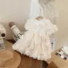 Mädchen Kleider Sommer Mädchen Prinzessin 3D Blume Puffärmel Kleid Kinder Beige Schleife Kleider Säuglingskleinkind Geburtstagsfeier Babykleidung 1-10 Jahre